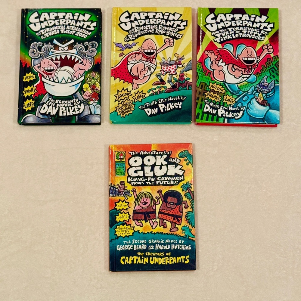 Lot of 4: Captain Underpants books: 9th, 10th, 11th graphic novel and Ook & Gluk